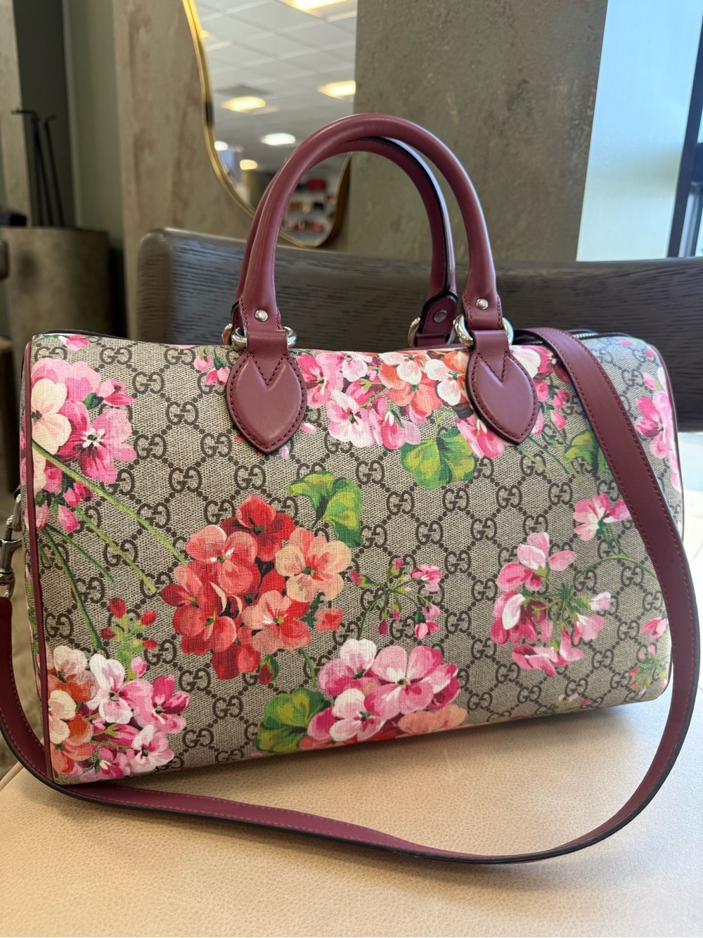 Gucci Floral GG Supreme Boston Bag in Berry and Pink